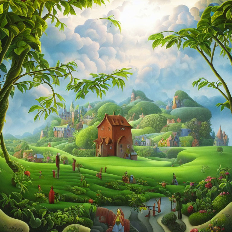 Colorful landscape with tree-shaped house, figures, and fantasy castle.