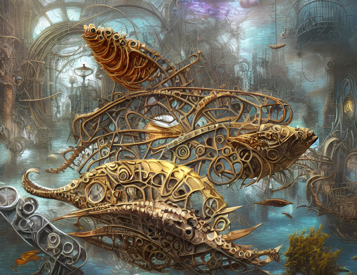 Digital artwork: Mechanical fish in steampunk underwater city