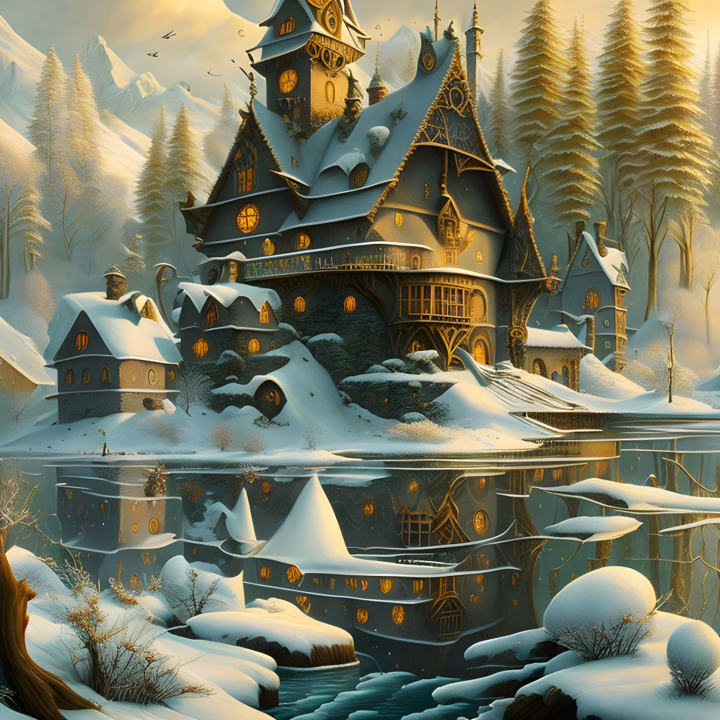 Large ornate winter house surrounded by snow-covered trees and frozen lake