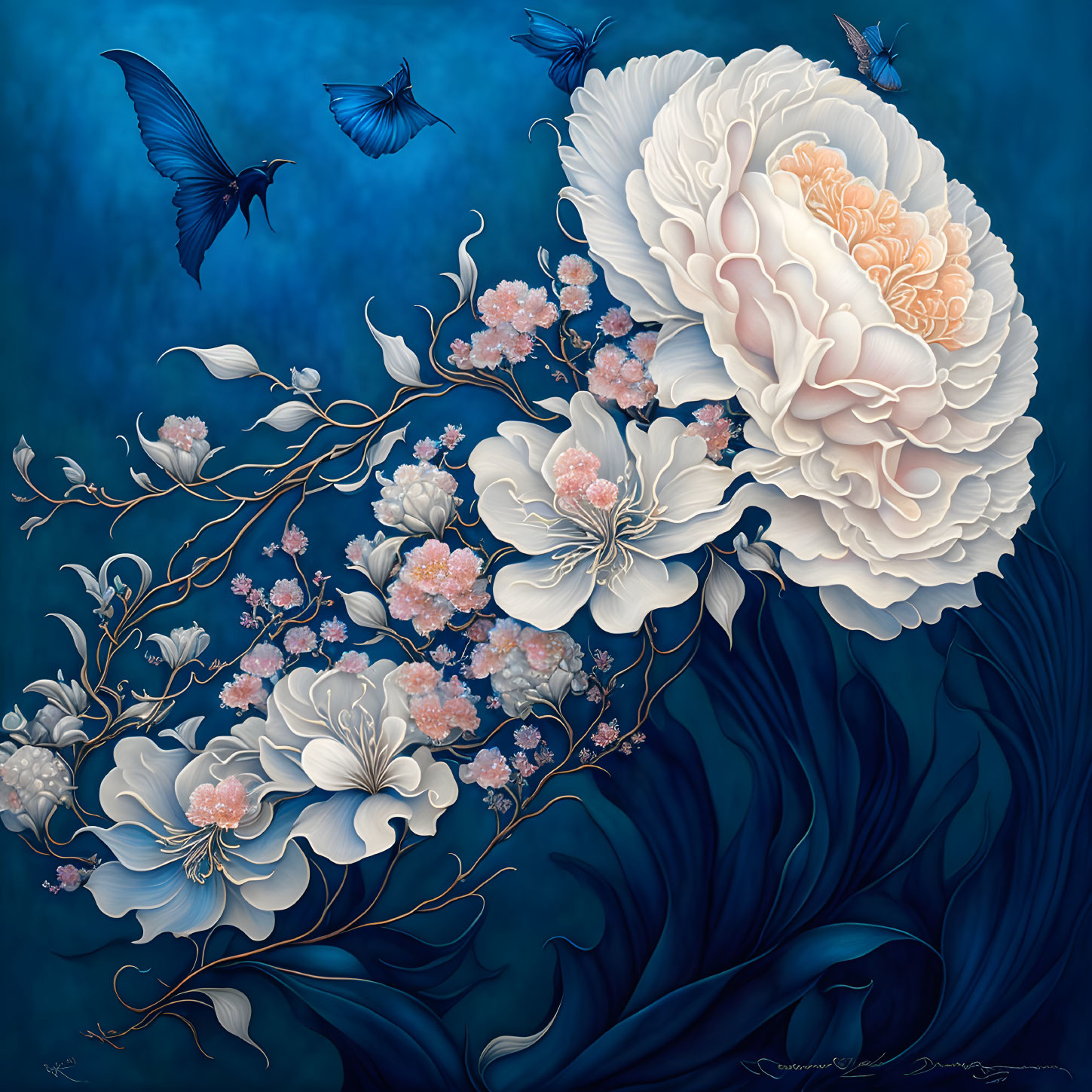 Detailed white peonies and pink blooms with butterflies on dark blue background