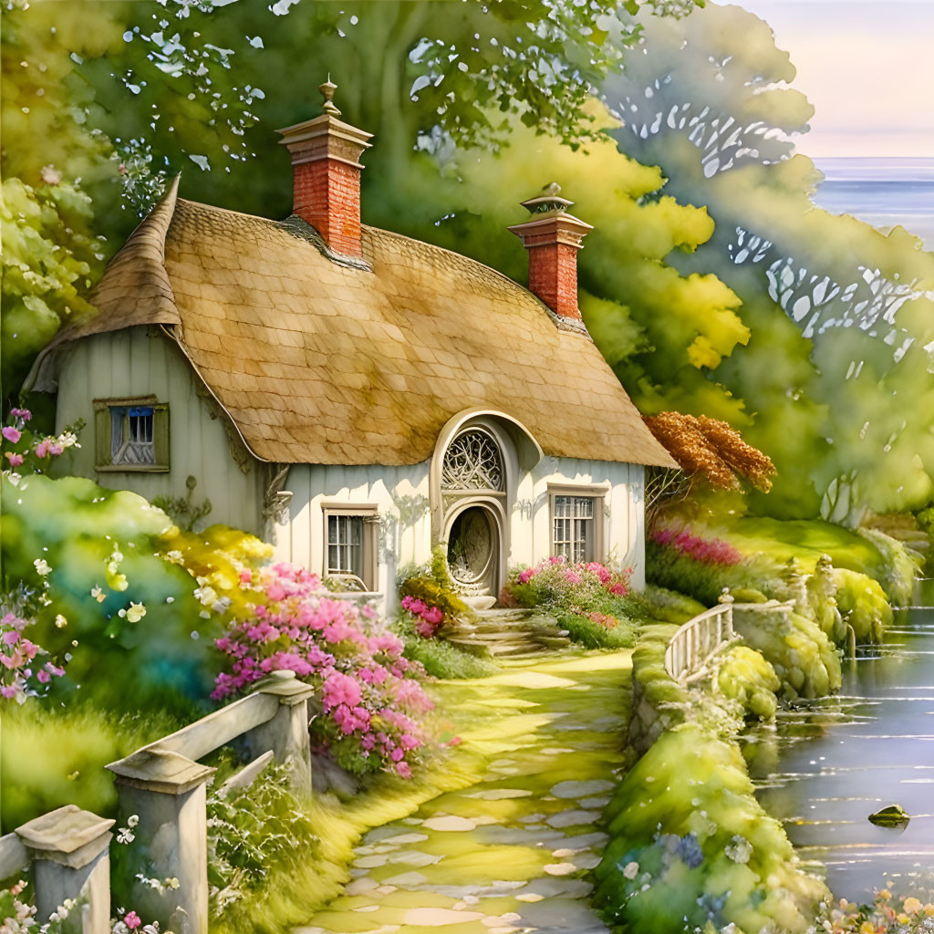 Thatched roof cottage by serene lake and gardens