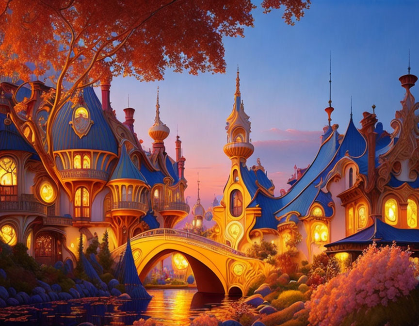 Whimsical fairy-tale village: glowing windows, serene river, ornate bridges