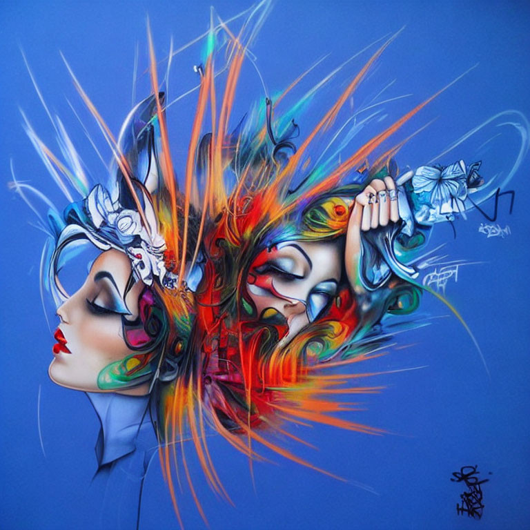 Colorful Graffiti-Style Artwork: Two Female Faces with Abstract Designs on Blue Background