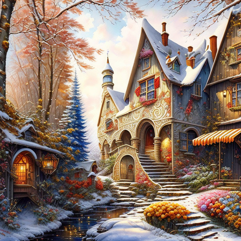 Winter scene: Cozy cottage, snow-covered rooftops, autumn foliage, serene stream, warm lights