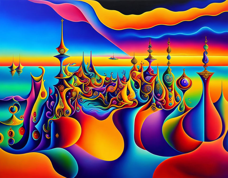 Colorful Psychedelic Painting: Abstract Landscape with Vibrant Shapes and Patterns