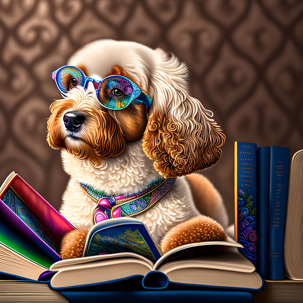 Fluffy Brown and White Dog Reading Books with Glasses and Bow Tie