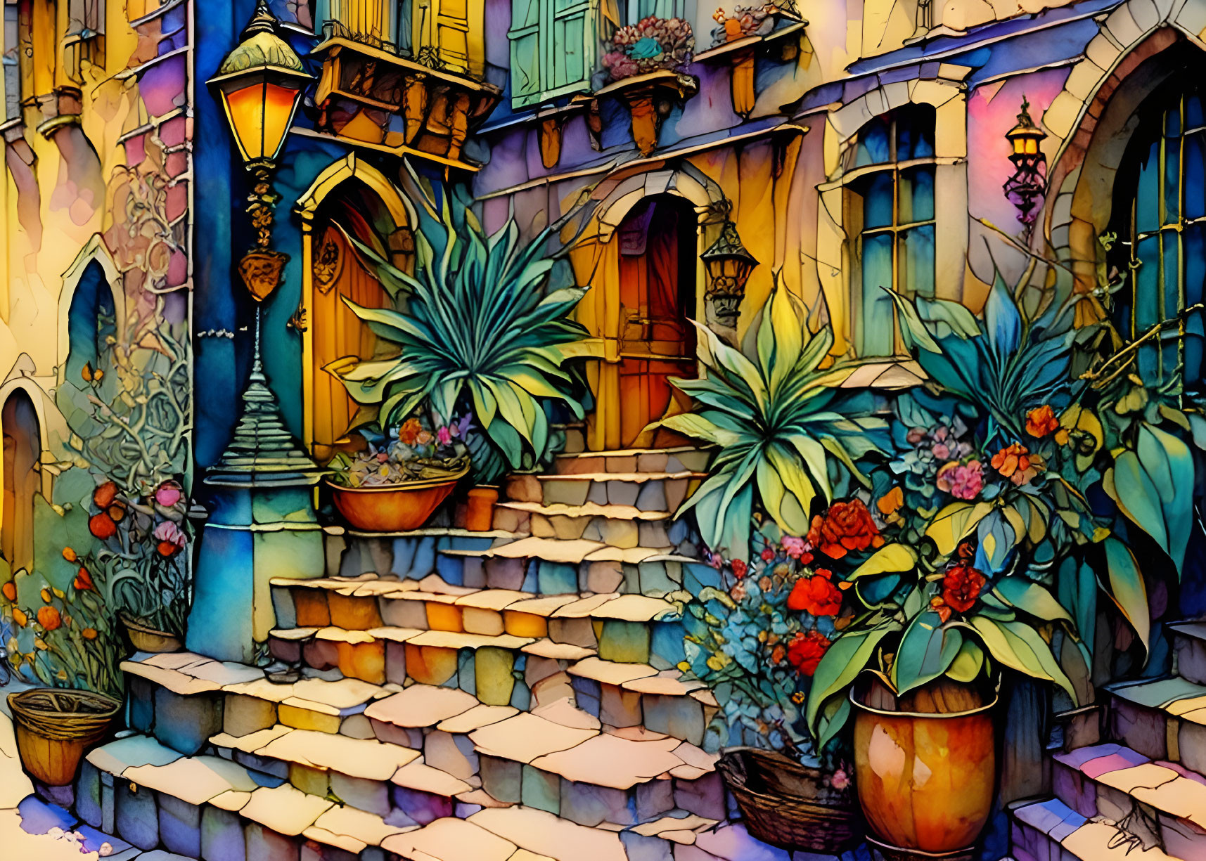 Whimsical watercolor of colorful street with stone stairs, plants, and lanterns