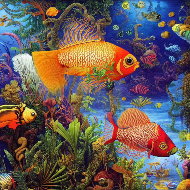 Colorful Fish and Marine Life in Vibrant Underwater Scene