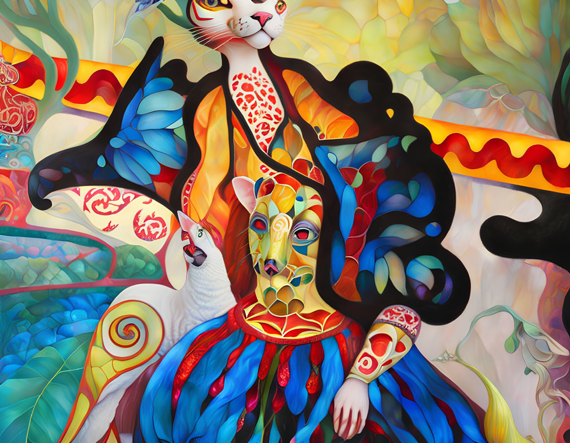 Colorful Stylized Cats Painting with Abstract Patterns