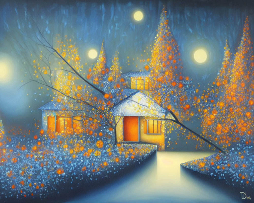 Cozy cottage painting: night scene with multiple moons and starlit sky