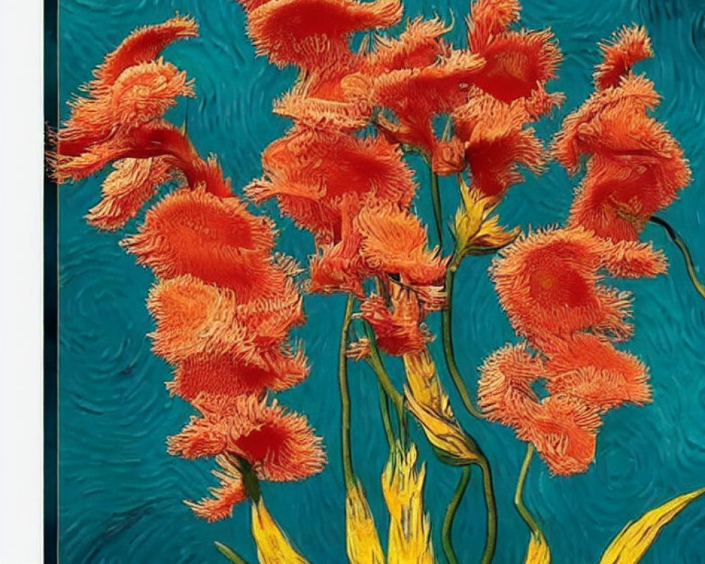 Vibrant red celosia flowers on textured turquoise background in impressionistic style