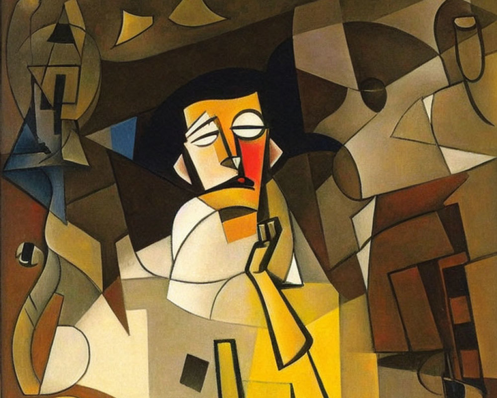 Cubist painting featuring distorted figure, geometric shapes, muted colors