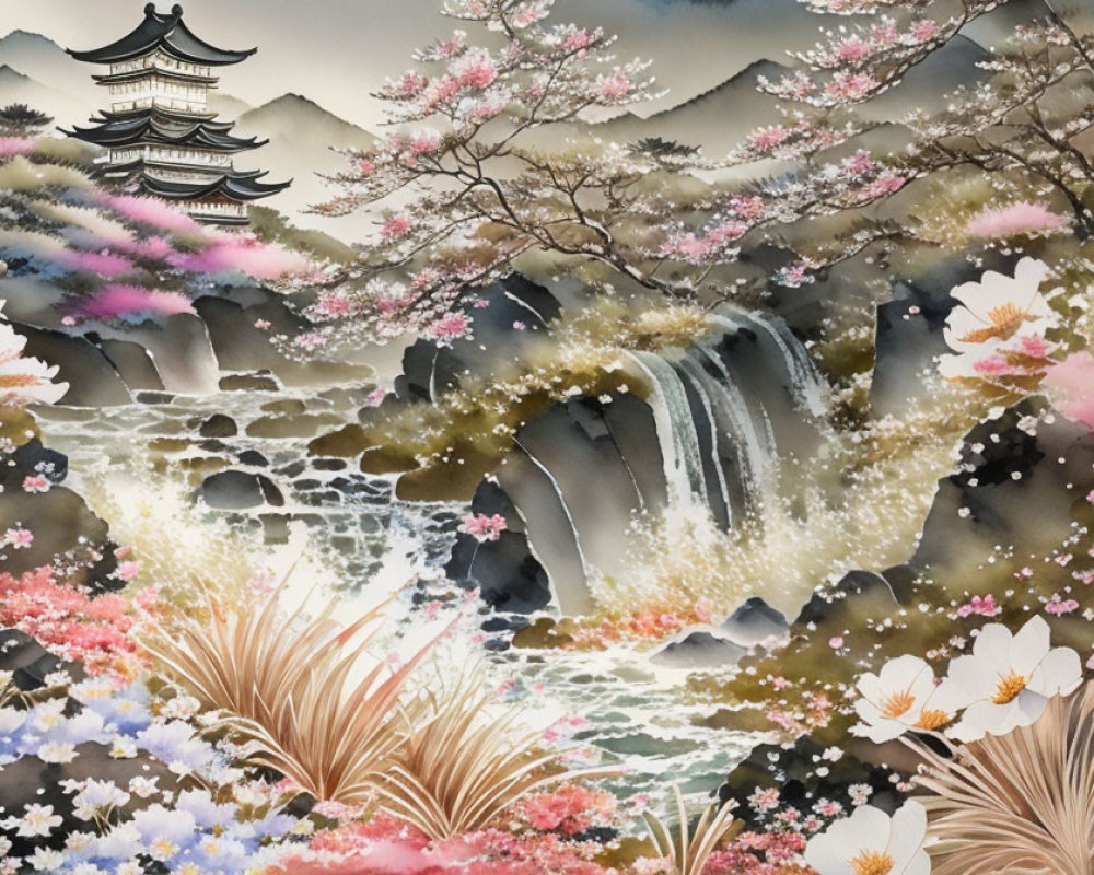 Traditional Asian Painting: Pagoda in Misty Mountains & Cherry Blossoms