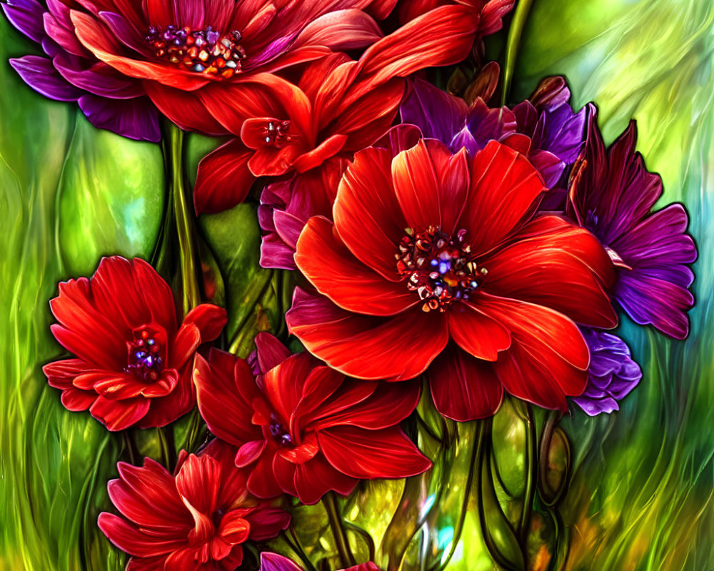 Detailed Red Flower Petals Against Green Background with Soft Light