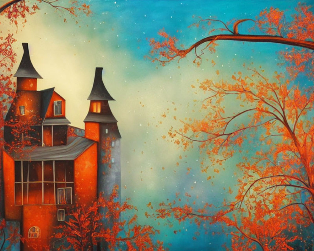 Vibrant autumn trees painting with tall house and starry sky