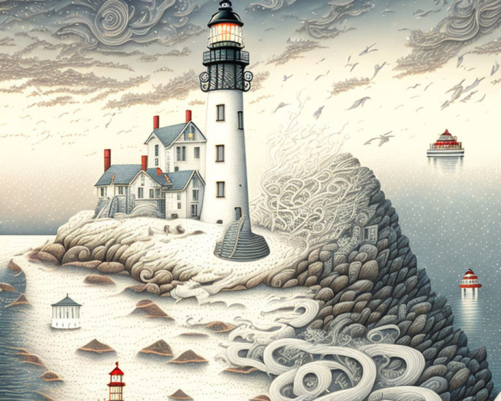 Coastal landscape with lighthouse, waves, clouds, birds, and boats