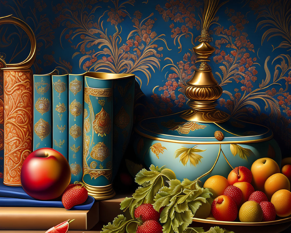 Elegant Still Life with Books, Fruits, and Brass Finial