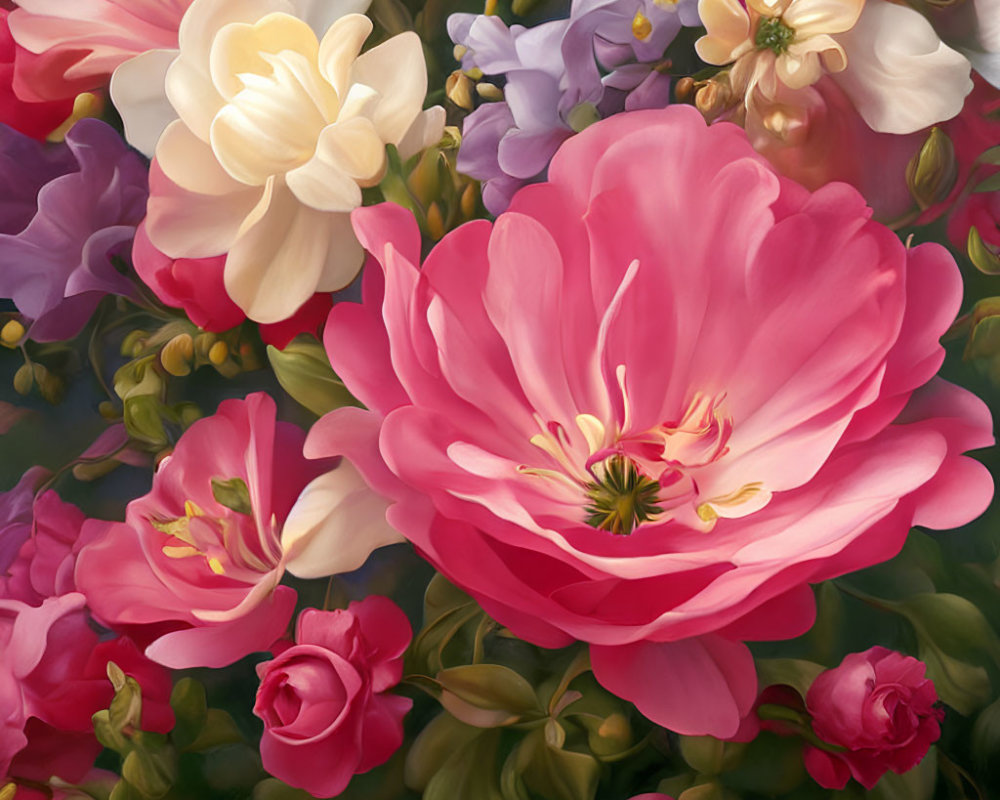 Colorful Floral Painting with Large Pink Blossom and Lush Greenery