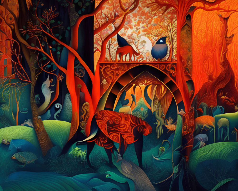 Whimsical forest scene with ornate bridge and stylized wildlife