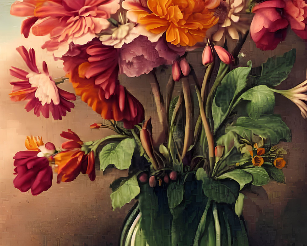 Colorful Bouquet of Red, Yellow, and Pink Flowers on Muted Background