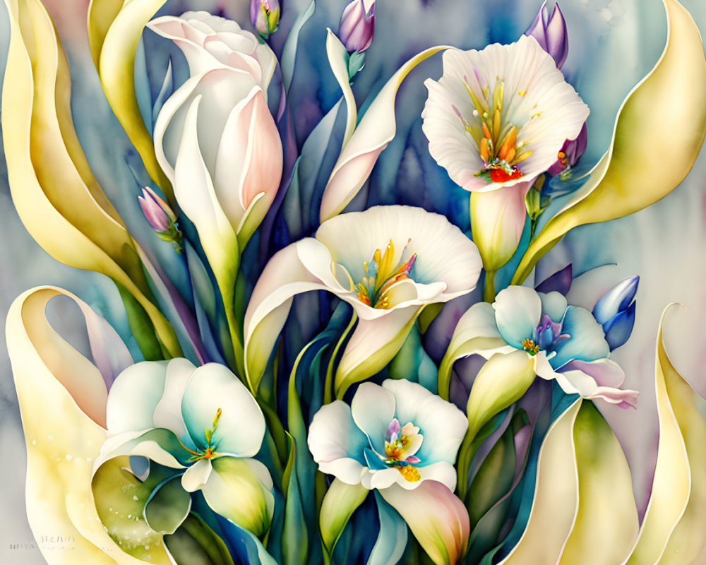 Colorful Stylized White Flowers with Yellow and Blue Accents on Textured Background