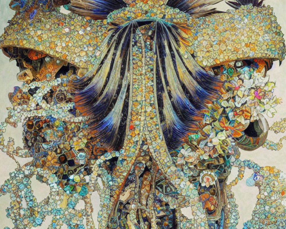 Detailed ornate artwork of abstract creature with floral patterns & vibrant colors.