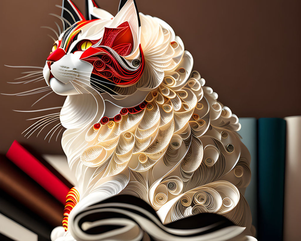 Stylized white cat digital art among books with red detailing