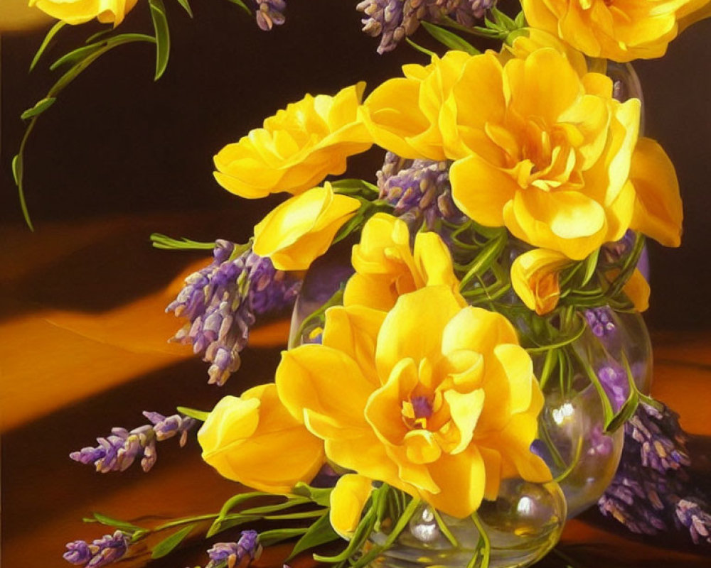 Colorful Still Life Painting: Yellow Tulips and Purple Lavender in Glass Vase