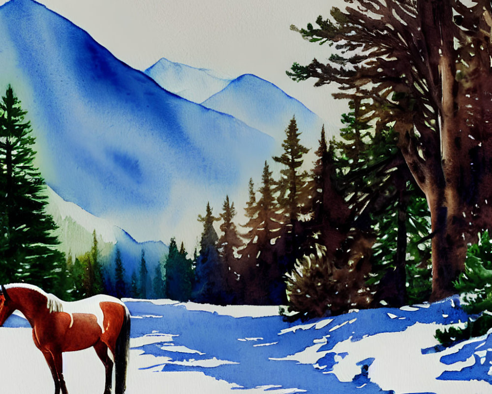 Lone brown horse in snowy landscape with evergreen trees & mountains