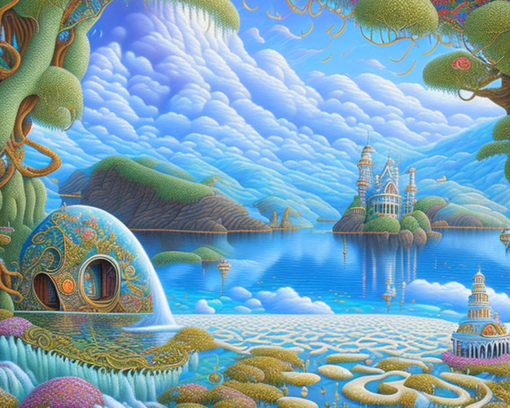 Fantasy landscape with whimsical structures, lush trees, undulating clouds, dreamlike castle, and