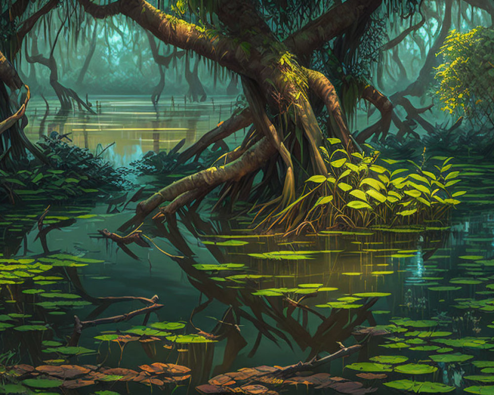 Tranquil swamp scene with twisting trees and lily pads