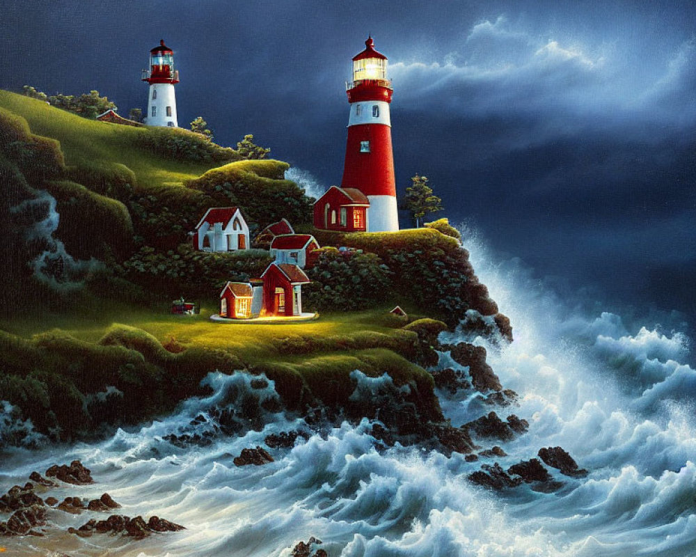 Stormy seaside cliff with two lighthouses, crashing waves, and dark sky