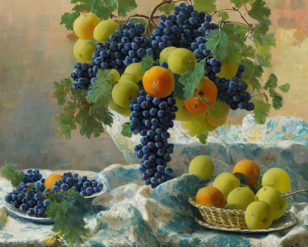 Realistic still life painting of ripe grapes, apples, and apricots on draped cloth