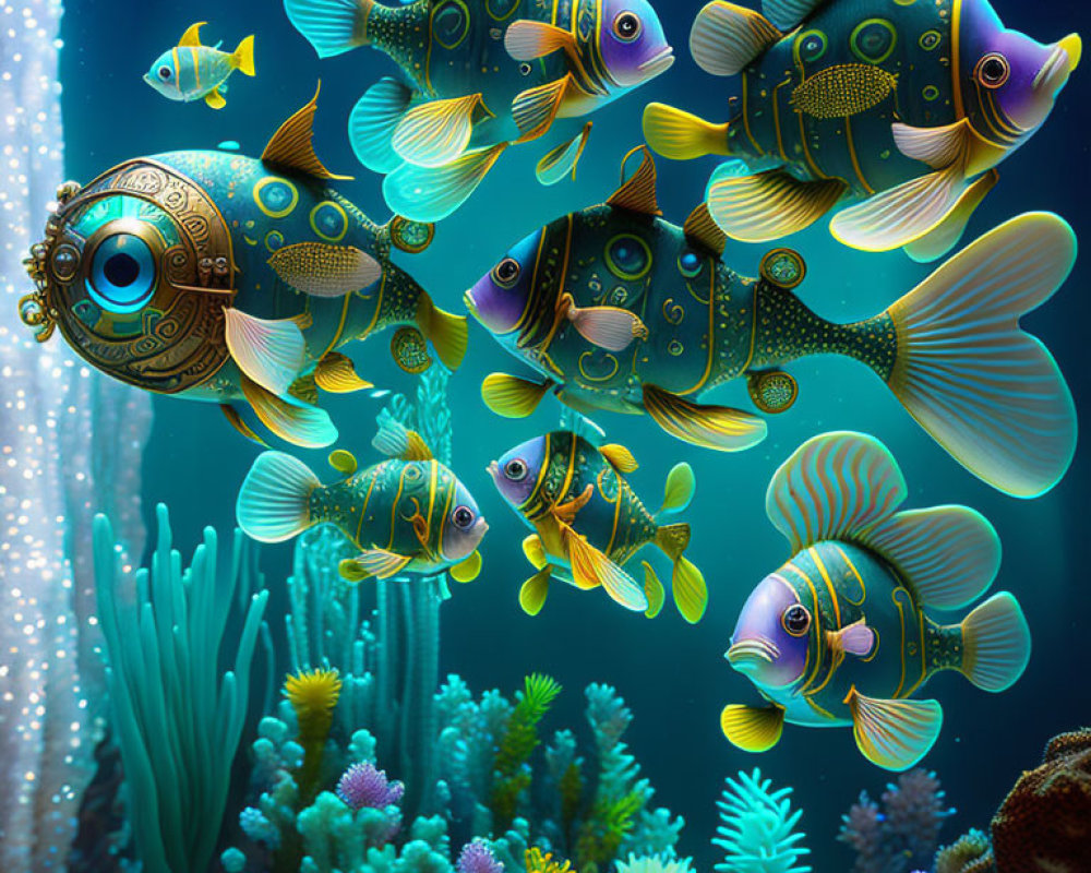 Vibrant Underwater Scene with Robotic Fish and Coral Reefs