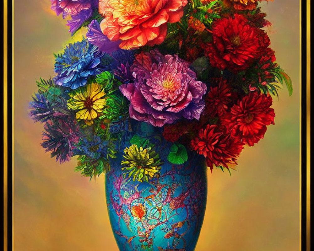 Colorful Flower Bouquet in Blue Vase on Gradient Background in Gold Frame