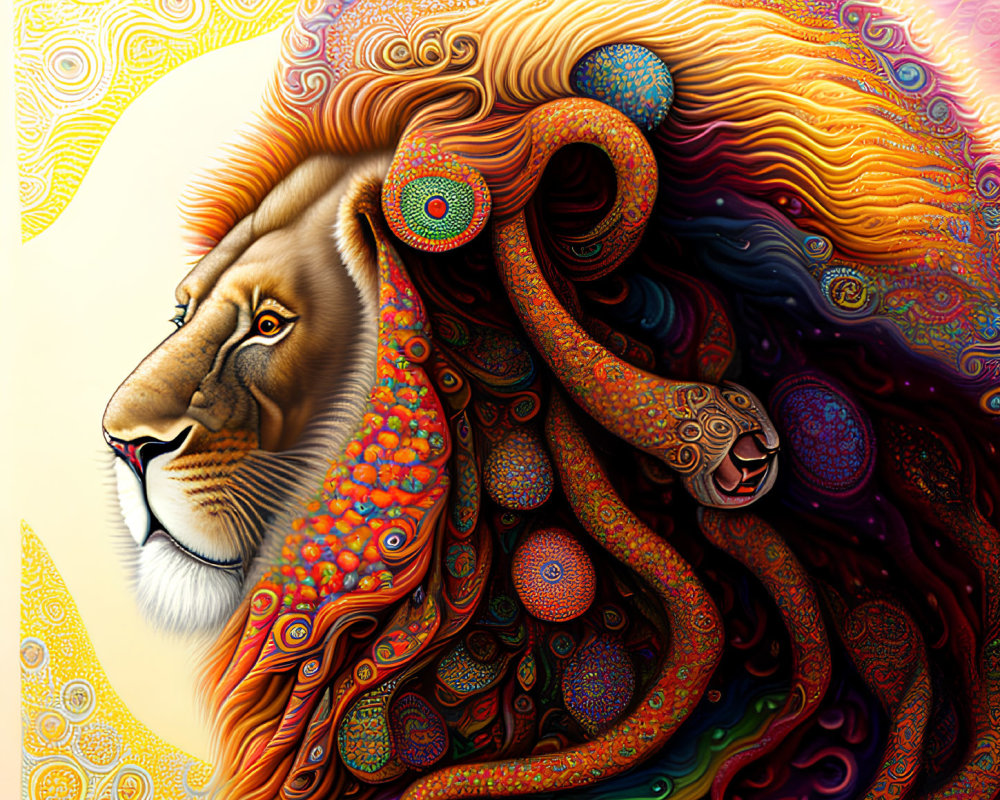 Colorful Digital Artwork of Stylized Lion with Intricate Mane