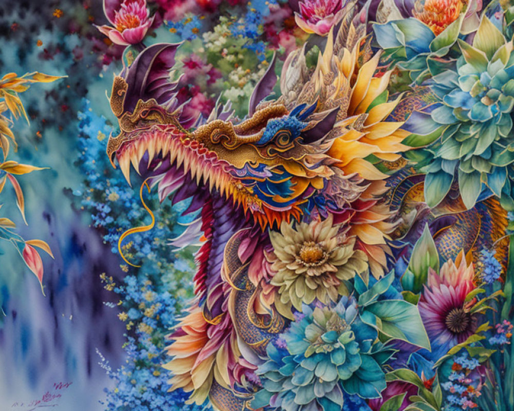 Colorful Dragon Artwork Surrounded by Blooming Flowers