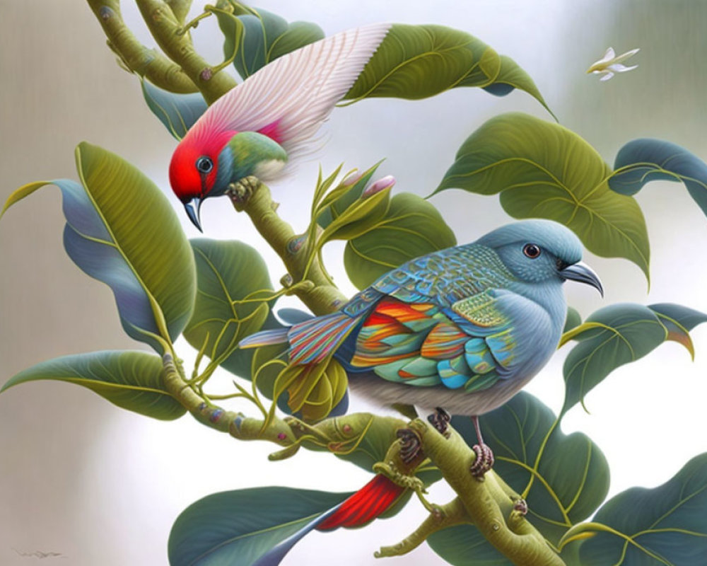 Vibrantly colored stylized birds on lush branches with butterfly.