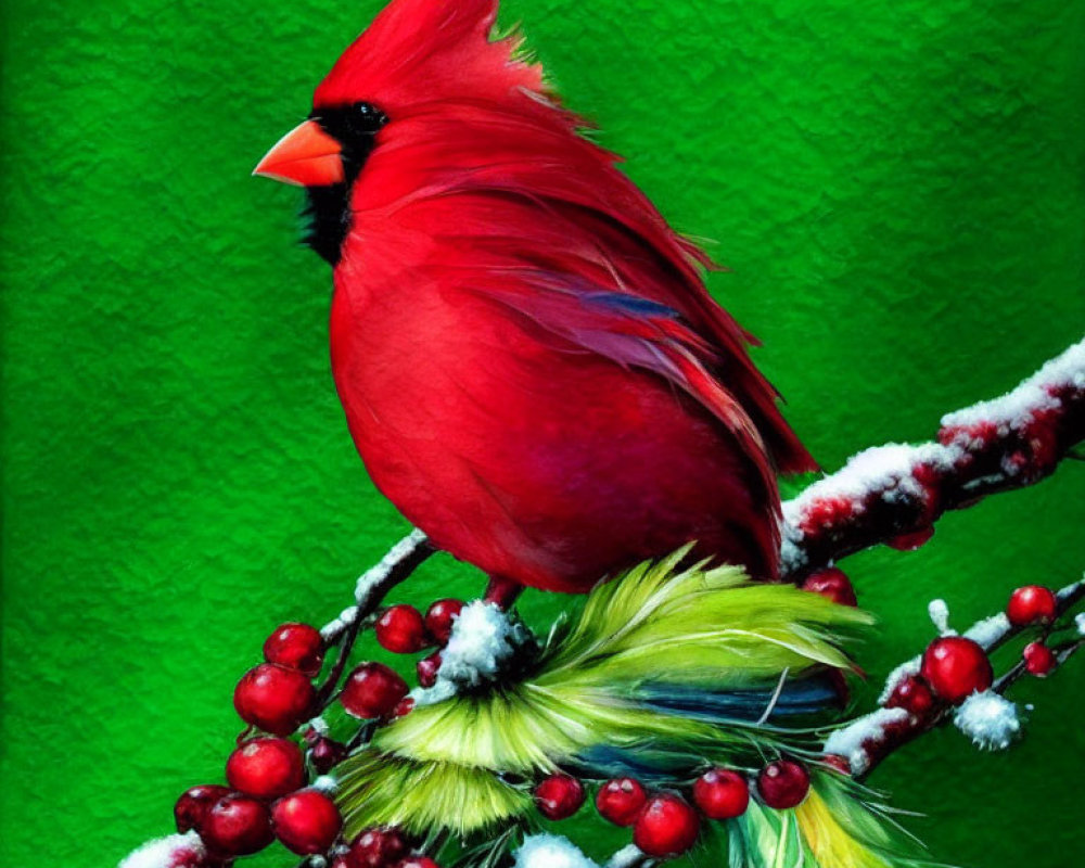 Vibrant red cardinal on frost-covered branch with red berries