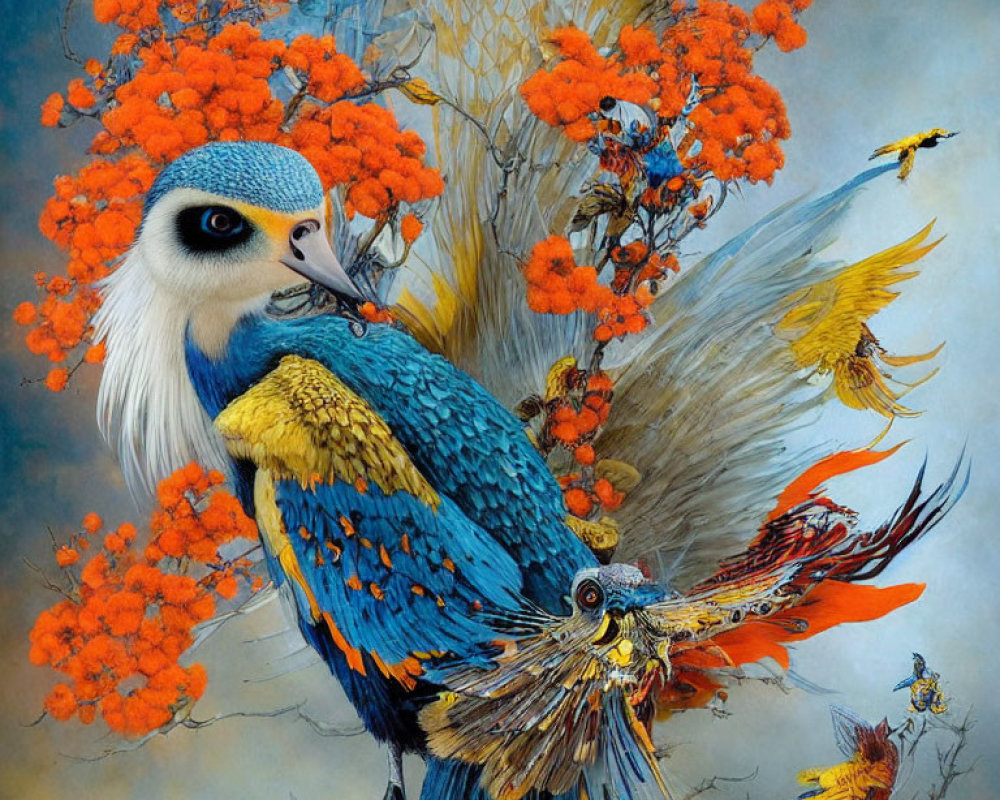 Colorful surreal bird surrounded by flowers and smaller birds in whimsical scene