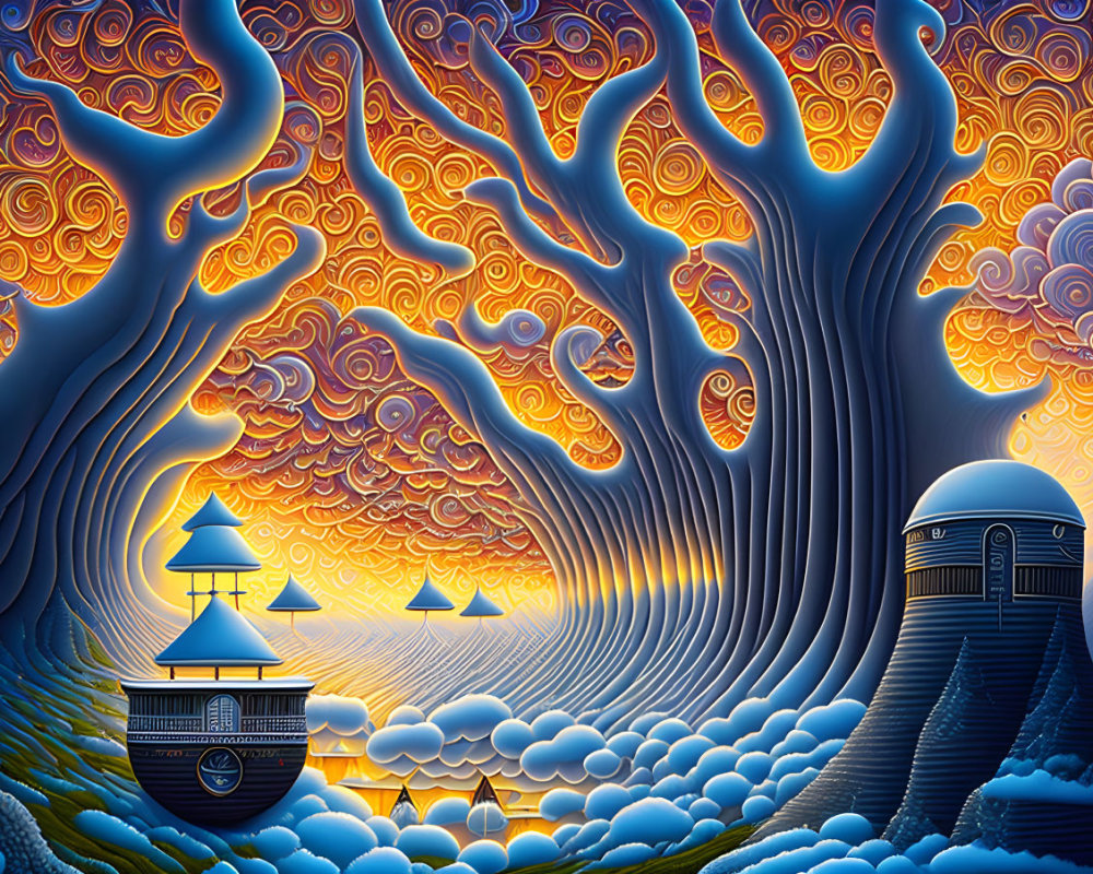 Surreal landscape with stylized sun, swirling clouds, undulating waves, intricate trees, and