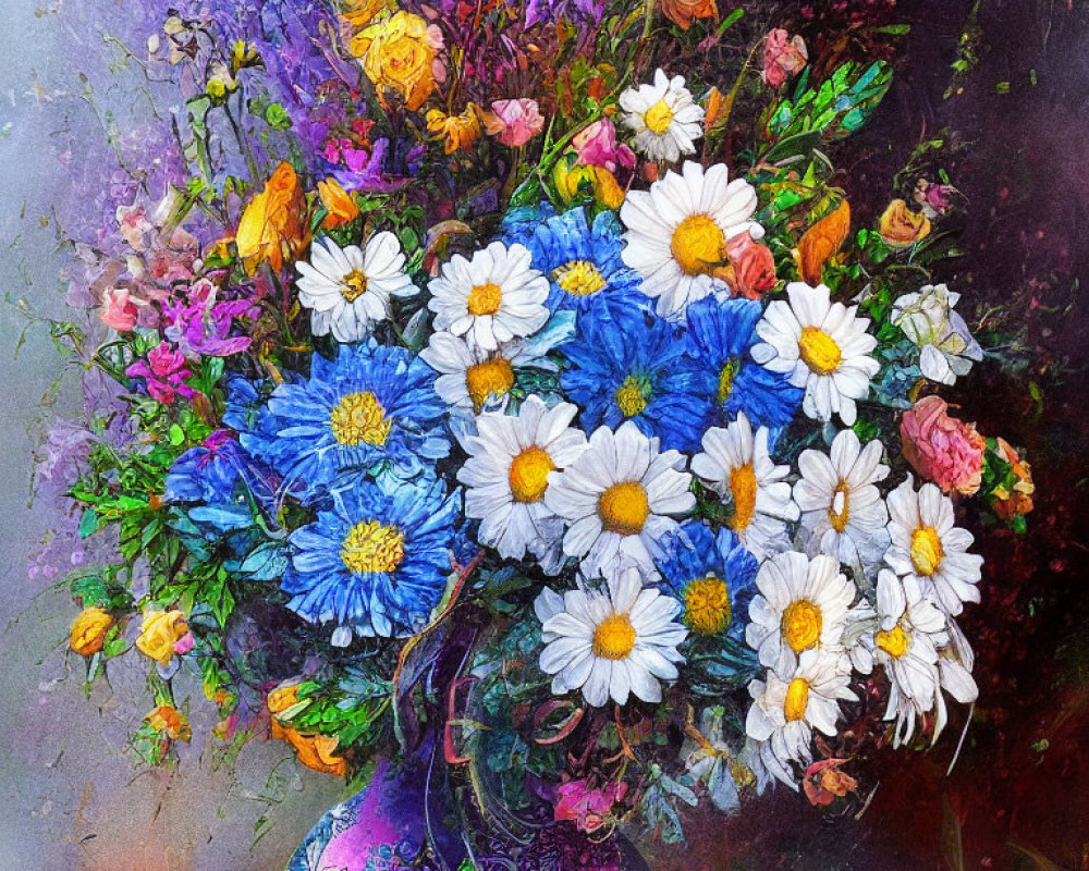 Colorful bouquet of daisies and roses in decorative vase on textured backdrop