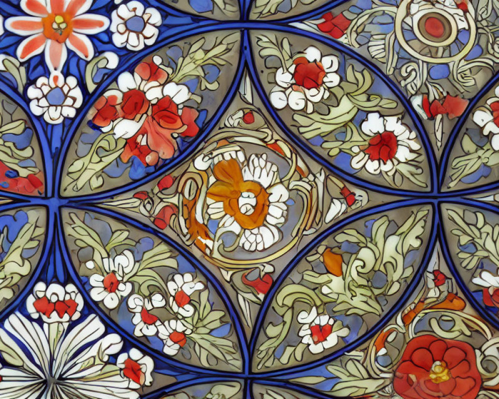 Colorful Floral Stained Glass Design on Blue Background