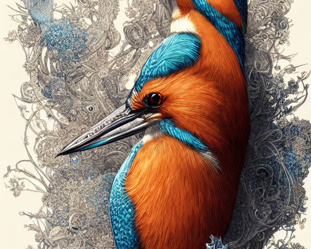 Detailed Kingfisher Illustration in Blue and Orange Feathers on Floral Background