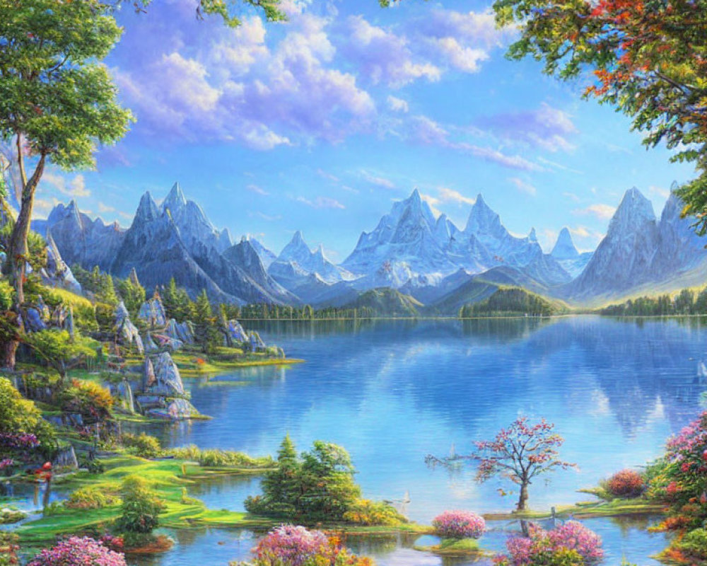 Snow-capped mountains reflected in serene lake with colorful flora and lush greenery.