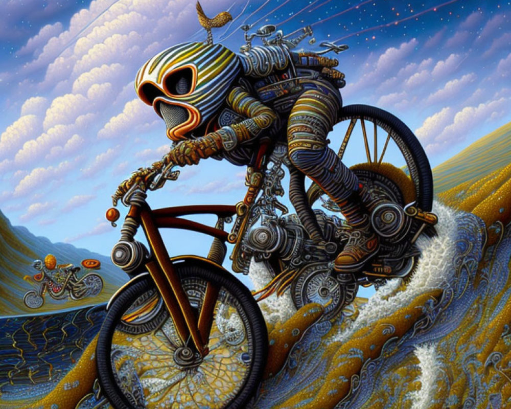 Surreal robotic figure on bicycle under starry sky