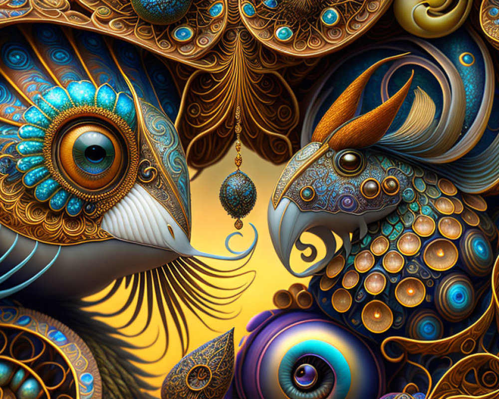 Ornate fantastical birds with intricate feather patterns on golden backdrop