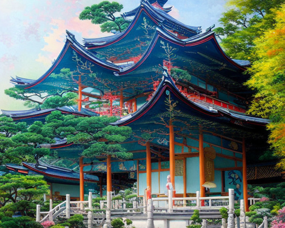 Traditional Japanese pagoda in lush greenery and stone staircases under clear blue sky