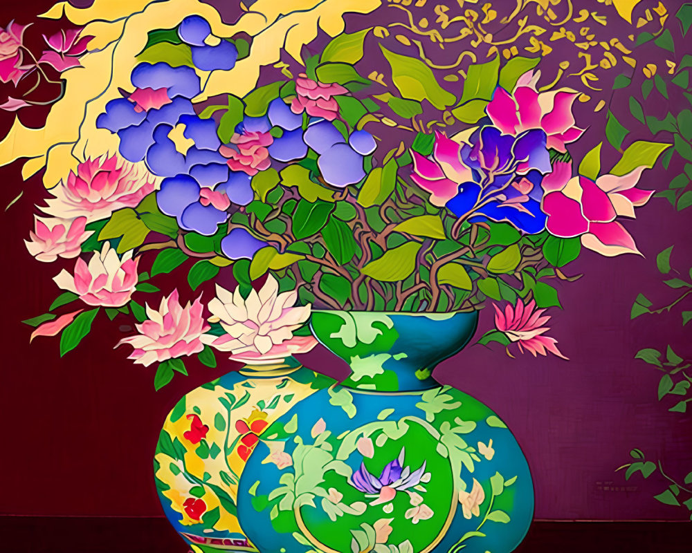 Vibrant flower vases painting on red background with blues, pinks, and yellows