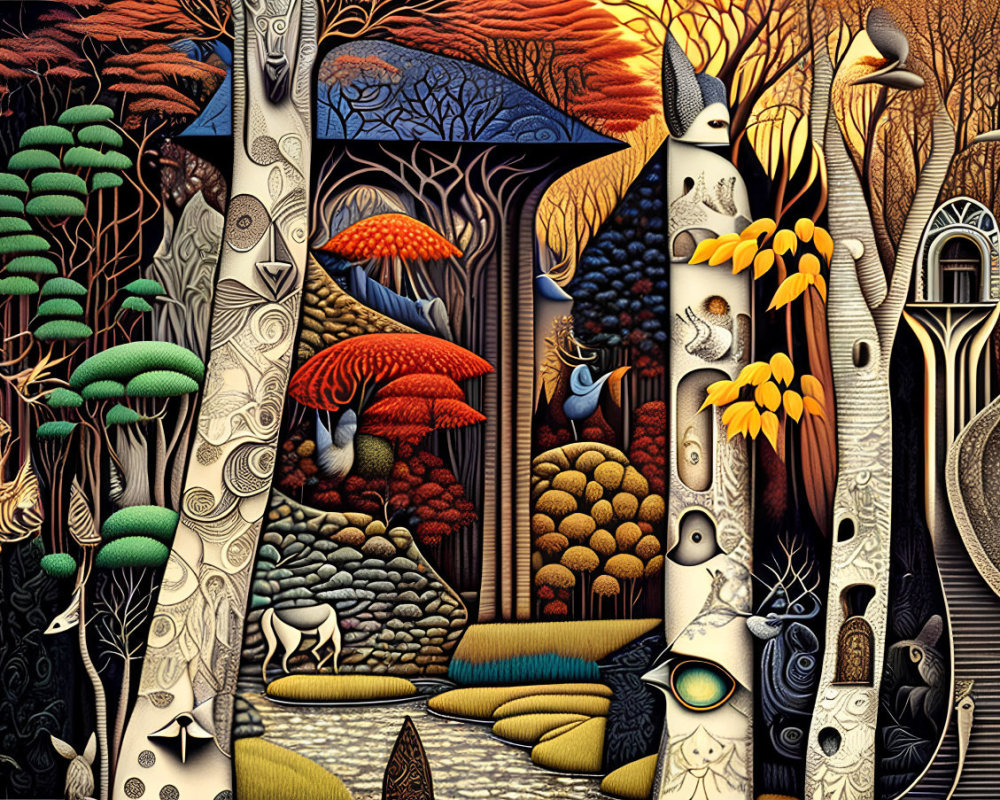 Colorful Fantasy Landscape with Stylized Trees and Creatures